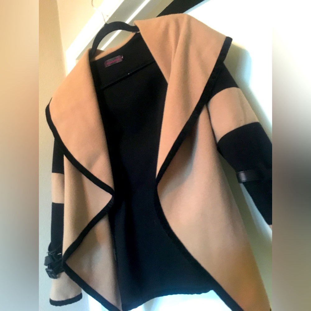 Tan and Black Coat with Leather Strap Sleeve Accents
